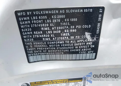 2013 Volkswagen Touareg Tdi Executive from USA, damaged, VIN WVGEP9BP9DD012075